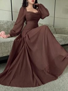 Modelyn 披肩領泡泡長袖收腰不對稱百褶雪紡大裙擺洋裝，適合婚禮新娘、單身派對，柔粉色，秋季浪漫優雅風 - 棕色 - 查看 3