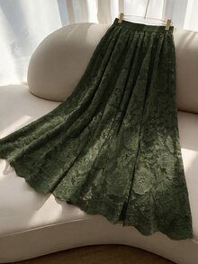 Modelyn 女款春夏綠色編織蕾絲A字優雅浪漫裙 - 軍綠色 - 查看 9