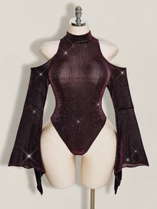 SHEIN ICON Plus Size Stand Collar Exaggerated Flare Sleeve Sheer Shiny Bodysuit, Music Festival Outfit, Party Winter - Hot Pink - View 6