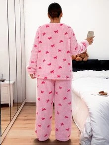 Napfluff CURVE Napfluff CURVE Plus Size Cute Bow Striped Plush Pajama Set 2 Pieces - Pink - View 2