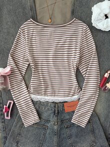 SHEIN Tween女孩棕色條紋針織寬鬆大碼大圓領長袖休閒蕾絲拼接下擺T恤 - 棕色 - 查看 2