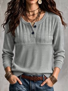 SHEIN Elegant Beige Ribbed Knit Long Sleeve Top, Vintage Half-Button Henley Collar, Commuter Outerwear Base Layer Sweater - Light Grey - View 1