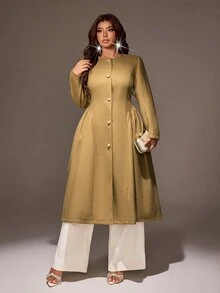 Viva Relle Plus Size Women's French Casual Sexy Vintage Elegant Ruched Waist Wool Long Coat Slimming Fit Commute Date Office Formal Evening Fall Olive Green - Olive Green - View 5