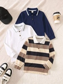 SHEIN Kids Young Boy Autumn Casual 3pcs Pieces Set Long Sleeve Polo Shirt - Multicolor - View 3