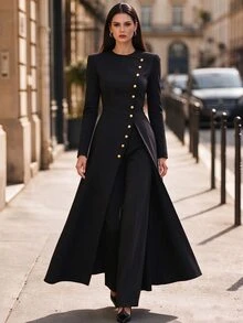 SHEIN طقم نسائي أنيق من معطف طويل بأكمام طويلة وأزرار ذهبية مفردة وبنطال، ملابس شتوية، إطلالات خريفية، ملابس علوية أسود وبنطال أسود، ملابس عمل - الأسود - مشاهدة 9