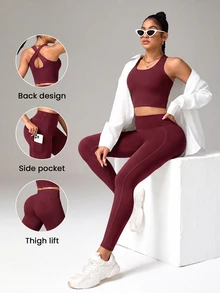 StreetHx Cropped Tank Top And Pocket Leggings Sports Set - Burgundy - View 3
