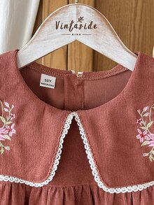 Vintaside Kids 青少年女孩紅色花卉長袖洋裝套裝 秋季風格 美式秋季風格 - 咖啡棕 - 查看 6
