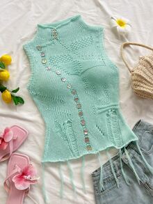 Soleia Women's Sweet Button Hollow Knit Top For Dating - Green - View 1