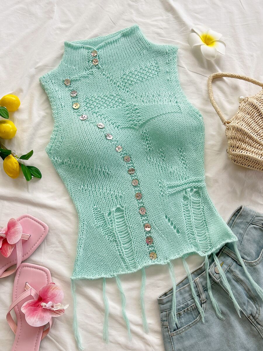 Soleia Women's Sweet Button Hollow Knit Top For Dating - Green - View 1