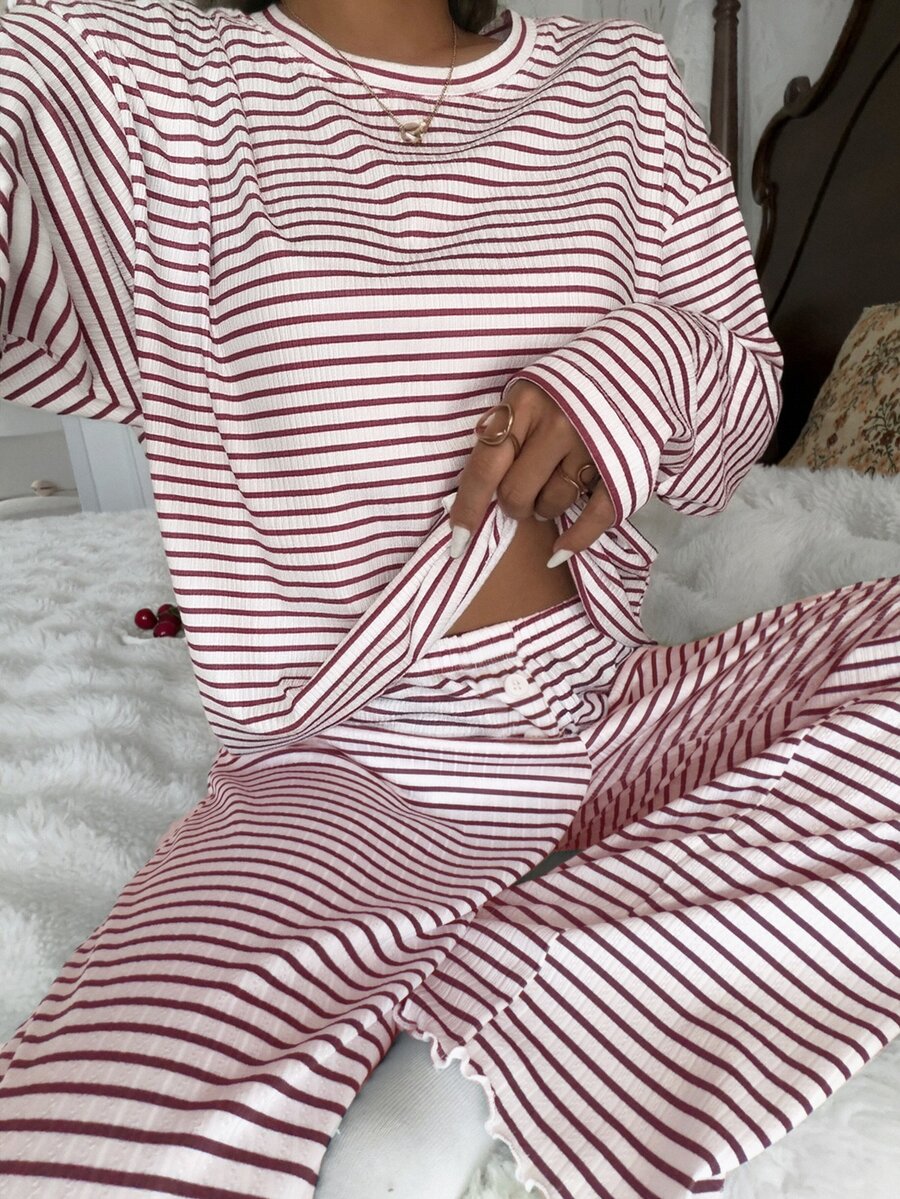 SHEIN Women's Casual Striped Print Round Neck Loose Long Sleeve Long Pants Pajama Set - Burgundy - View 1