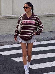 Muchica 女款 Polo 領長袖寬鬆休閒衛衣，厚實材質，適合秋冬穿著，條紋設計 - 彩色 - 查看 7