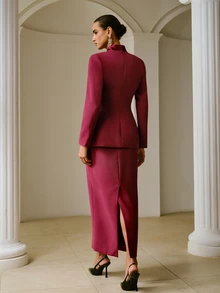 ZEYLAH Women's Elegant Suit Set With Metal Decor Lapel Blazer And Skirt - Burgundy - View 6