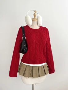 Elamini Sweater Pullover Rajut Bertekstur Merah Wanita, Kerah Bulat, Nuansa Natal, Untuk Perjalanan Sehari-hari, Musim Gugur/Dingin - Merah - View 5
