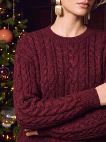 Anewsta Autumn/Winter Cable Knit Pullover Sweater, New Vintage Loose Slouchy Wool Knit Top - Burgundy - View 2