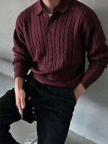 Claim Dot Men's Solid Color Cable Polo Collar Casual Long Sleeve Pullover Sweater , Fall/Winter - Burgundy - View 5