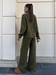 Lavishia Women's Collared Autumn/Winter Long Sleeve Zipper Front Knit Cardigan And Knit Pants 2 Pieces Set,Two Pieces Autumn Sweater Set - Army Green - View 2