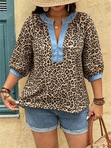 Linhara Fashion Casual Vacation Vintage Elegant Commute 3/4 Sleeve Blue Printed Blouse Fall - Blue - View 7