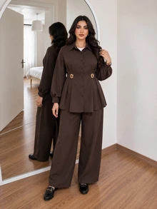 Solavon Plus Size Women's 3D Floral Decor Single-Breasted Shirt And Wide Leg Pants 2 Pieces Set - Coffee Brown - View 8