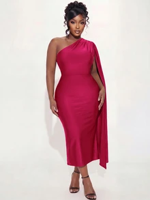 SHEIN Poshavie فستان أنيق بمقاس كبير من قماش مرن بخصر ضيق وتنورة ذيل السمكة مثالي للحفلات والرقص - الأحمر - مشاهدة 5