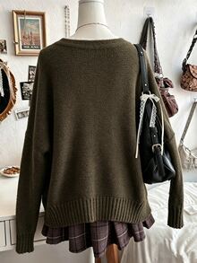Collagica Collagica Women's Solid Color Drop Shoulder Long Sleeve Single-Breasted Casual Loose Knit Cardigan - Army Green - View 2