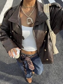 SHEIN Women's Autumn/Winter Lapel Double-Breasted Design Loose Fit PU Leather Casual Jacket, Suitable For Daily Wear And Party Occasions - Brown - View 5