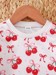 SHEIN 女嬰可愛花卉圖案運動衫與鬆緊腰長褲套裝 - 紅色 - 查看 5