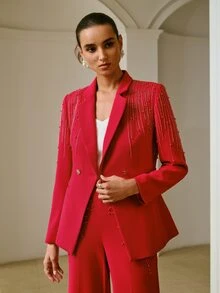 ZEYLAH Women's Elegant Beaded Button Blazer Jacket For Office - Red - View 7