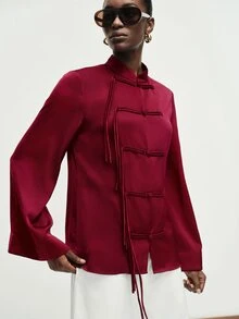 Aveloria Modichic Light Luxury Burgundy Acetate Satin New Chinese Style Jacket, Handmade One-Character Frog Button & Tassel Design, Stand Collar, Long Sleeve, Tang Suit, Daily, Banquet, Commute, National Style Top - Burgundy - View 5