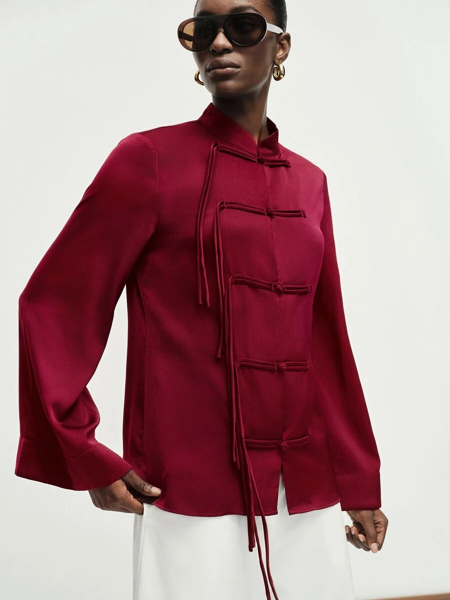 Aveloria Modichic Light Luxury Burgundy Acetate Satin New Chinese Style Jacket, Handmade One-Character Frog Button & Tassel Design, Stand Collar, Long Sleeve, Tang Suit, Daily, Banquet, Commute, National Style Top - Burgundy - View 1