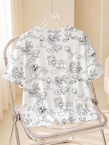 LOONEY TUNES X SHEIN Plus Size Women's Letter Cartoon Print Round Neck Short Sleeve Casual T-Shirt - White - View 2