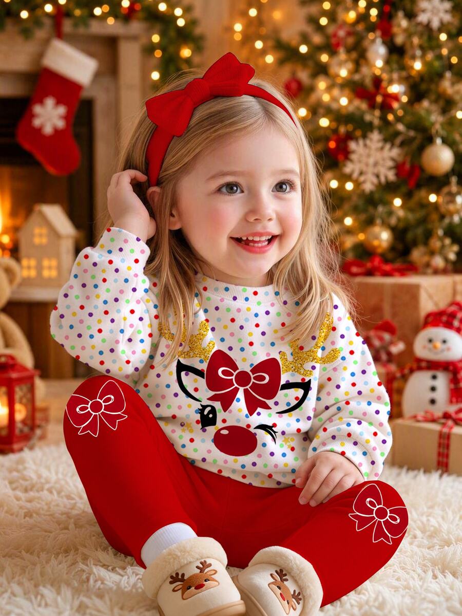 聖誕快樂 女嬰休閒可愛卡通聖誕馴鹿圖案 彩色波點 聖誕紅節慶款 柔軟加厚圓領長袖運動衫與內搭褲套裝 適合秋冬嬰兒聖誕節慶穿著 - 彩色 - 查看 1