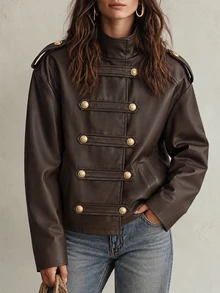 SHEIN Women's Autumn/Winter Lapel Double-Breasted Design Loose Fit PU Leather Casual Jacket, Suitable For Daily Wear And Party Occasions - Brown - View 3