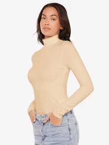 SHEIN BASICS 女款白色素色長袖高領羅紋針織修身T恤上衣，辦公室秋季基礎休閒款 - 卡其色 - 查看 3