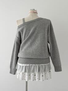 Sunspun Plus Size Women's Pure Desire Cute Style Solid Gray Asymmetrical Off-Shoulder Cami Knit Sweater Pullover, Suitable For Spring/Autumn/Winter/Daily Commute/Home/Outdoor/Travel/Vacation/Date Outfits - Grey - View 2