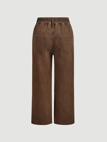 EMERY ROSE Plus Size Women's Casual Daily Denim Jeans With Pockets And Buttons - Coffee Brown - View 6