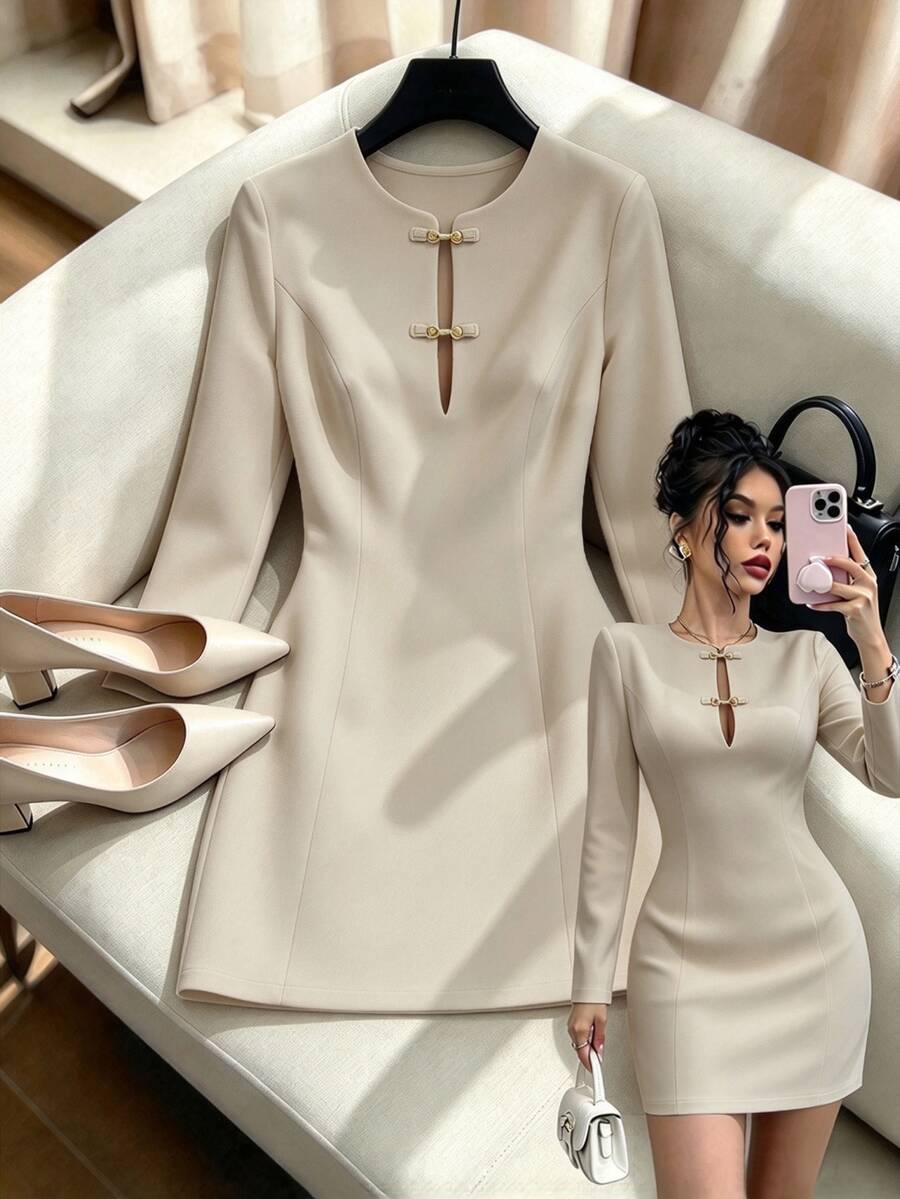 SHEIN Raffinéa Women's Autumn Long Sleeve Metal Decor Khaki Short Dress, Minimalist Elegant French Vintage Style, Suitable For Daily Commute And Outings - Khaki - View 1