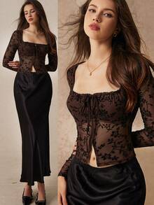 Poéselle Áo nữ cổ vuông tay dài ren lưới thắt dây, họa tiết hoa, xuân hè, thanh lịch, quyến rũ, đi tiệc hẹn hò, nhung jacquard xuyên thấu nhẹ phong cách Y2K - Cà phê nâu - Xem 3