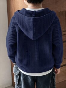 SHEIN Little Byeori 兒童小男孩休閒韓系百搭前開襟拉鍊連帽長袖針織開襟衫 - 藏蓝色 - 查看 2