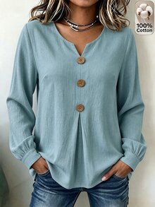 Linhara CURVE Kemeja Kasual Serbaguna untuk Wanita Ukuran Besar, Warna Polos, Cocok untuk Pemakaian Sehari-hari di Musim Gugur - Dusty Blue - View 1