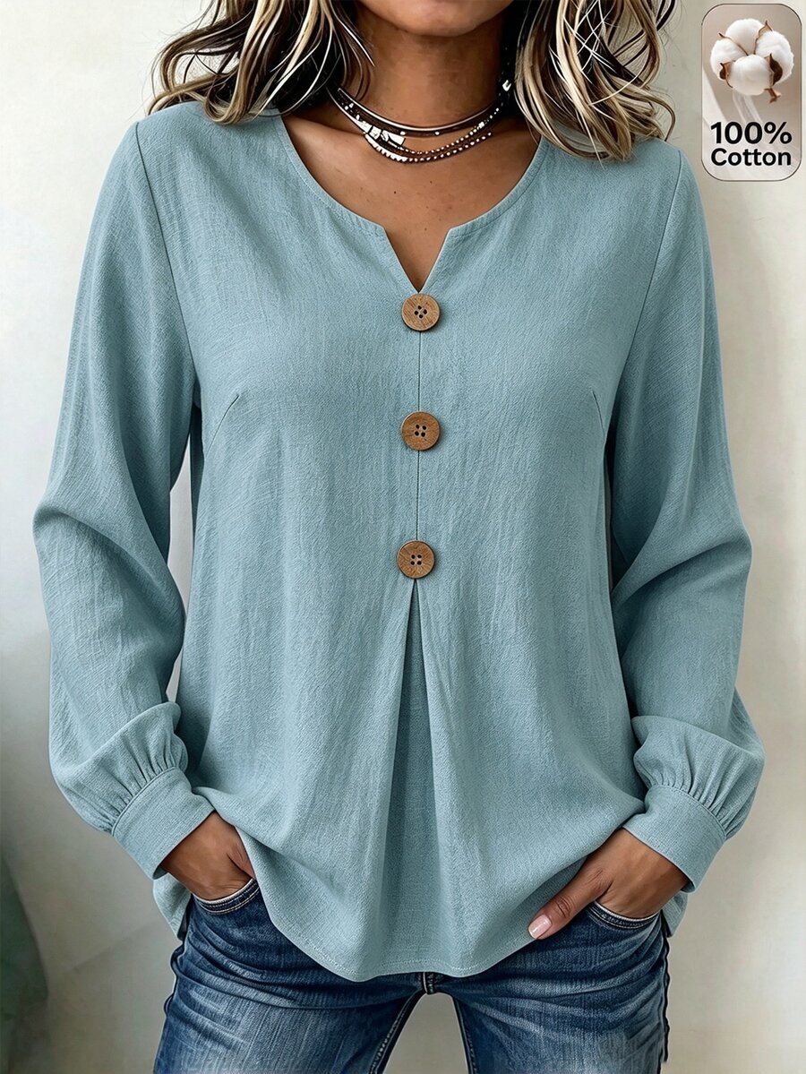 Linhara CURVE Kemeja Kasual Serbaguna untuk Wanita Ukuran Besar, Warna Polos, Cocok untuk Pemakaian Sehari-hari di Musim Gugur - Dusty Blue - View 1