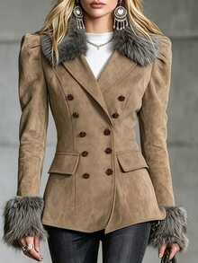 LUMIGAL Women's Plush Patchwork Double-Breasted Casual Elegant Versatile Long Sleeve Jacket Office Dinner Light Grey - Camel - View 1