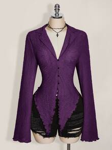 SHEIN ICON ICON PLUS 生菜邊飾不對稱下擺透視上衣 無內衣設計 大尺碼女式襯衫-1891，Y2k/秋季/冬季 - 紫色 - 查看 6