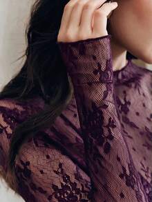 Anewsta 女款蕾絲透視性感上衣 - 紫色 - 查看 5