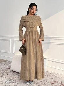 Veilorie فستان نسائي بلون موحد برقبة دائرية وأكمام طويلة بنسيج أنيق - كاكي - مشاهدة 1