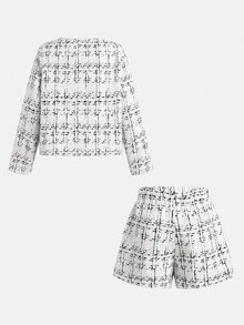SHEIN 女童格紋長袖夾克與短褲套裝 - 白色 - 查看 2