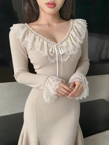 DAZY Women's Contrast Lace Ruffle Front Tie Flared Sleeve Elegant Knit Dress Fall - Khaki - View 3