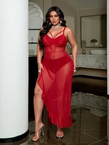 NU&NOW Plus Size Women's Solid Color Mesh Dress Night Out Cocktail Girls Night Set Summer Sexy Elegant Club Night - Red - View 4
