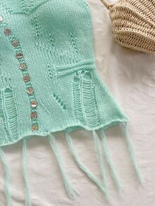 Soleia Women's Sweet Button Hollow Knit Top For Dating - Green - View 6