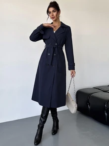 Firerie 優雅商務休閒收腰A字長袖風衣，秋冬畢業日常穿搭，女教師開學穿搭，卡其色 - 藏蓝色 - 查看 3