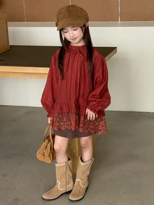 DAZY (Gadis Remaja) Kemeja Musim Gugur Lengan Panjang Kasual dengan Motif Pita dan Patchwork Renda - Burgundy - View 3